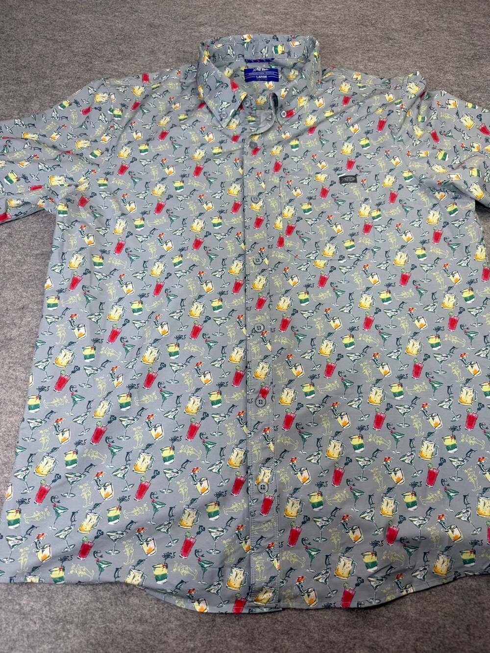 AFTCO Boatbar Shirt Size Large Gray Cocktail Drink Print Button-Down